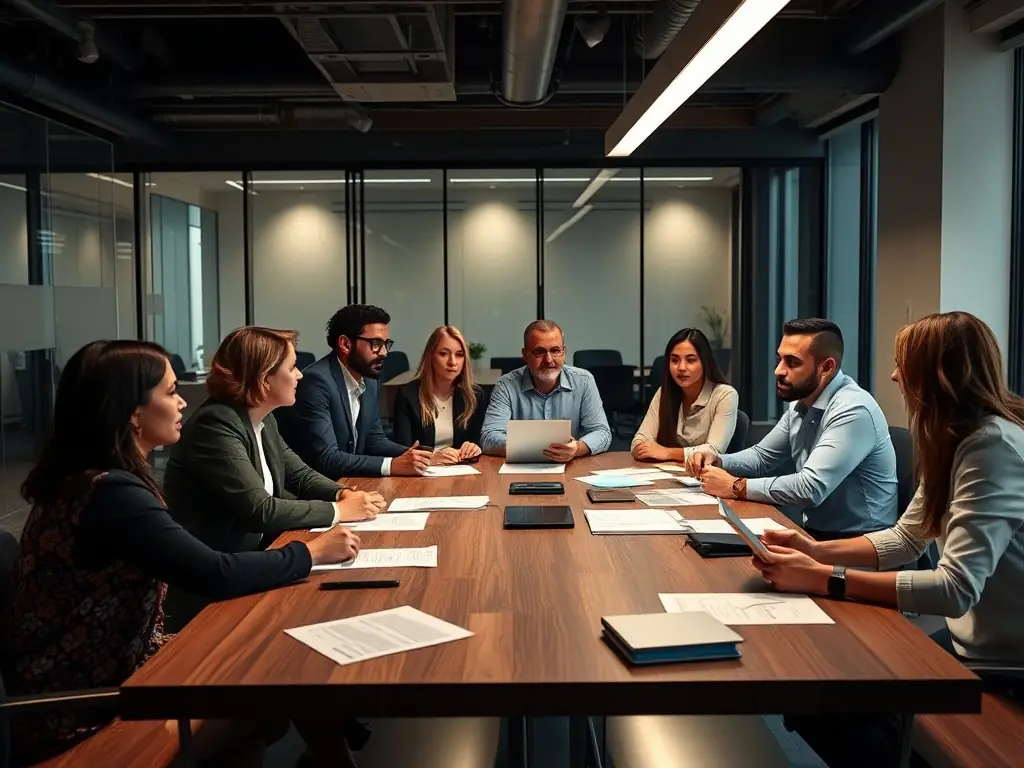 A team of real estate professionals discussing investment strategies in a modern office setting.
