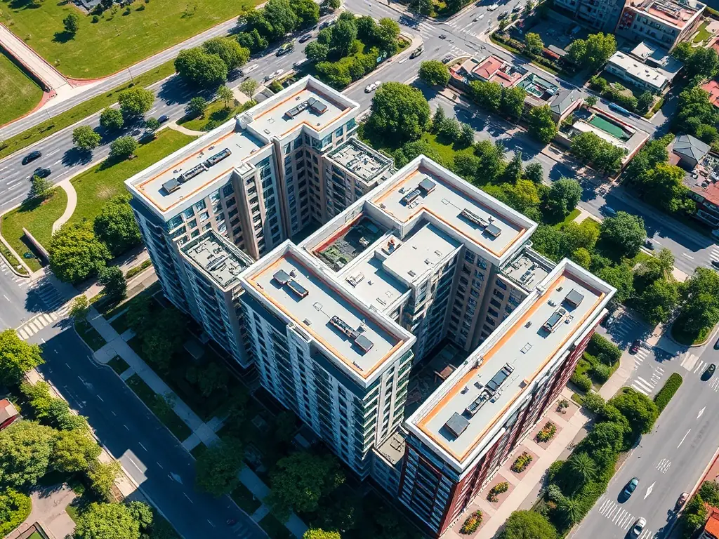 Aerial view of a modern multi-family apartment complex with green spaces.
