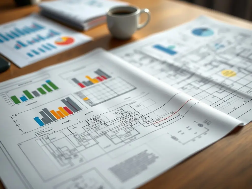 Close-up of architectural plans and financial charts on a wooden table, symbolizing strategic planning in real estate investments.